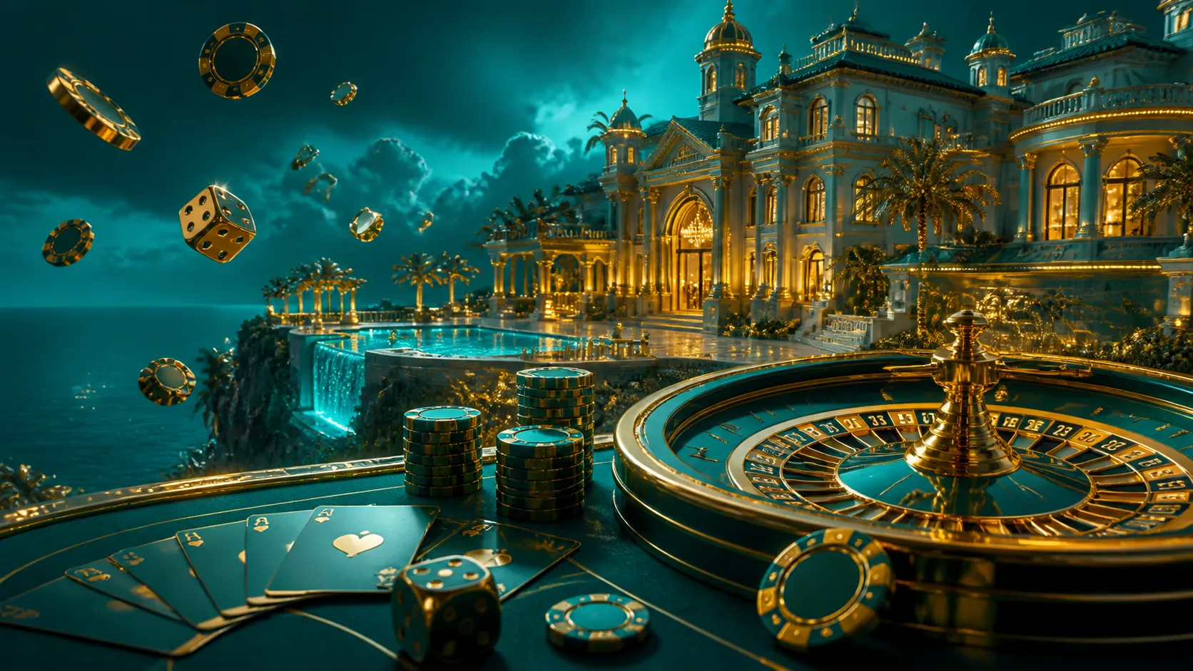 A stunning Villaspin casino-themed hero banner featuring floating poker chips, glowing dice, and vivid neon lights in a 16:9 