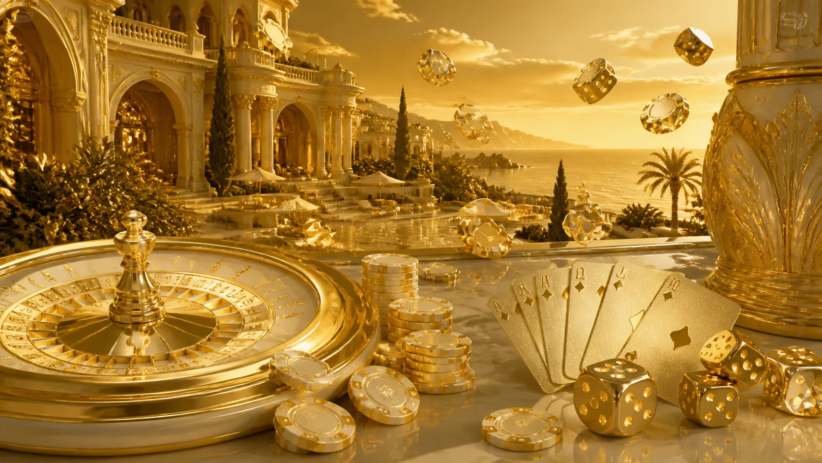 A luxury casino banner depicting a futuristic theme with glowing poker chips, roulette wheel, and holographic effects, design