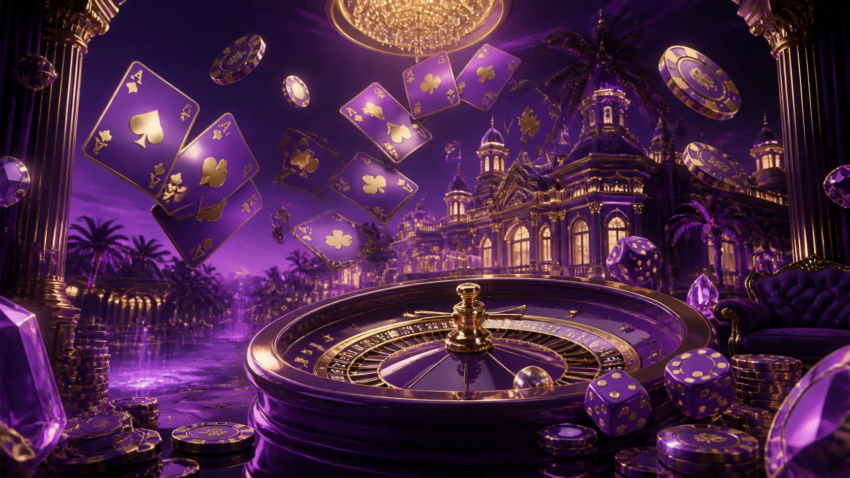 Luxurious casino-themed hero image with poker chips, roulette wheel, and glowing elements in two-color palette for Villaspin.